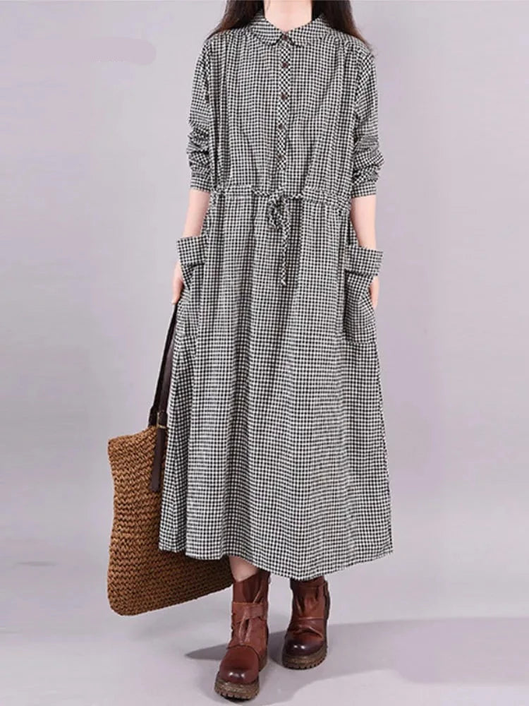 Wjczt - Dress Women's 2023 Korean Style Loose Cotton and Linen Plaid Long-sleeved Lace-up Waist Midi Skirt Elegantly Dresses for Women Wjczt - Dress Women's 2023 Korean Style Loose Cotton and Linen Plaid Long-sleeved Lace-up Waist Midi Skirt Elegantly Dresses for Women