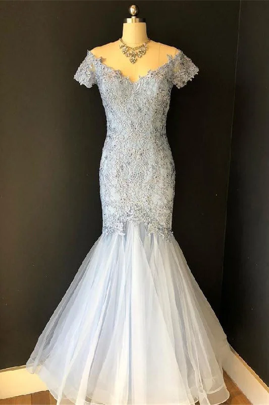 Off The Shoulder Short Sleeves Mermaid Lace Tulle Long Prom Dresses