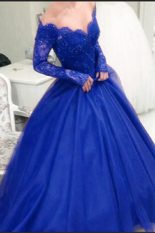 Formal Royal Blue Long Sleeves Long Lace Princess Prom Dress Ball Gowns
