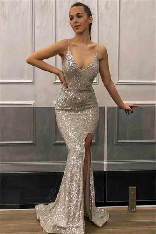 Sexy Spaghetti-Straps Mermaid Sequins Evening Gown | Sleeveless Front Split Prom Dresses BC1552 Sexy Spaghetti-Straps Mermaid Sequins Evening Gown | Sleeveless Front Split Prom Dresses BC1552