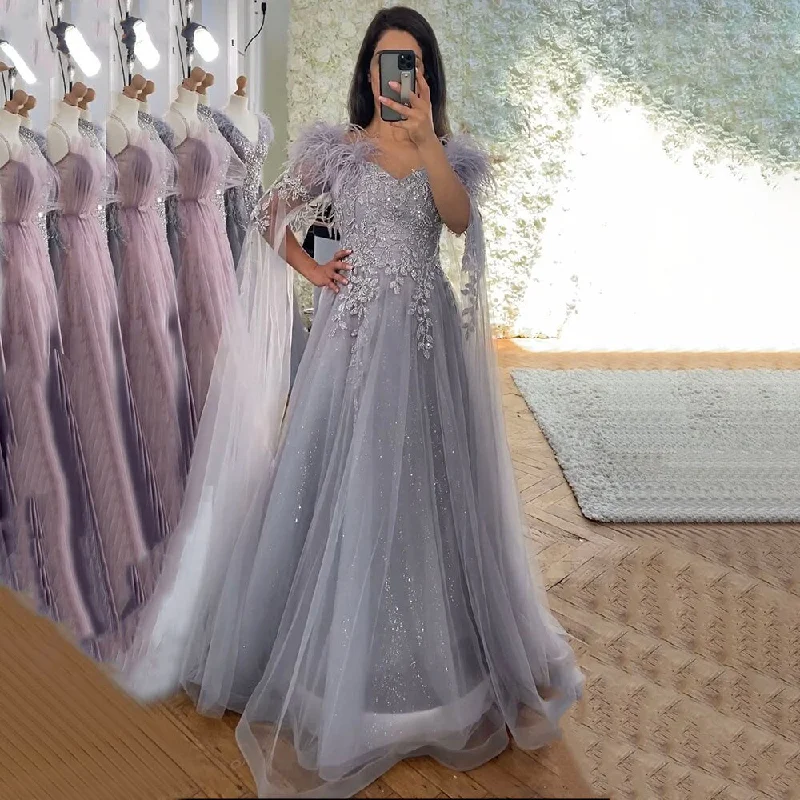 Serene Hill Arabic Lilac A-Line Cape Sleeves Feather V Neck Lace Beaded  Evening Dresses Gowns 2024 For Woman Party LA71814