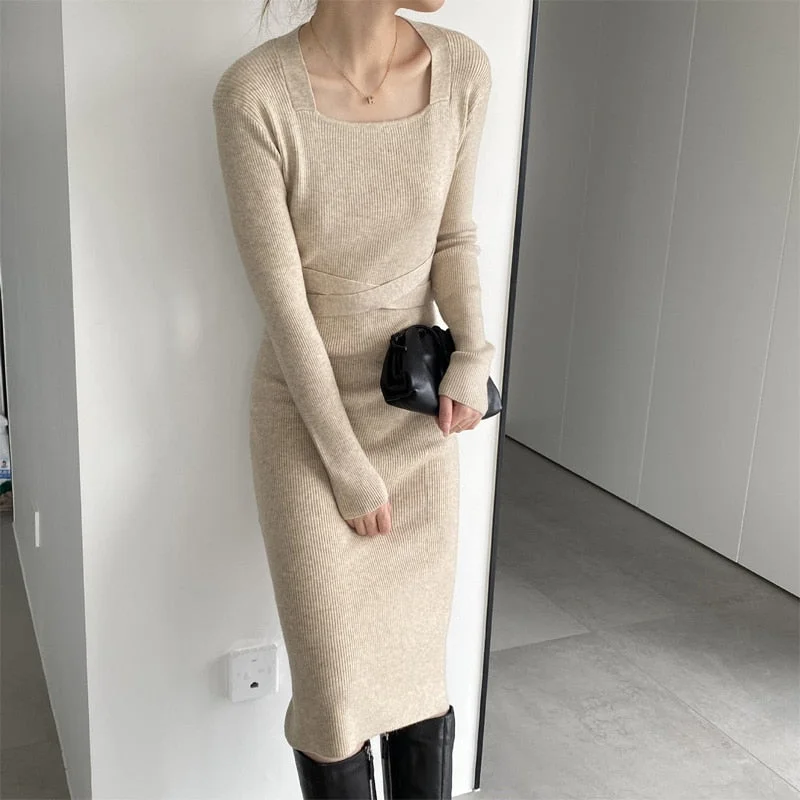 Wjczt Autumn and Winter Women's Casual Solid Color Square Neck Long Sleeve Slim Knit Dress