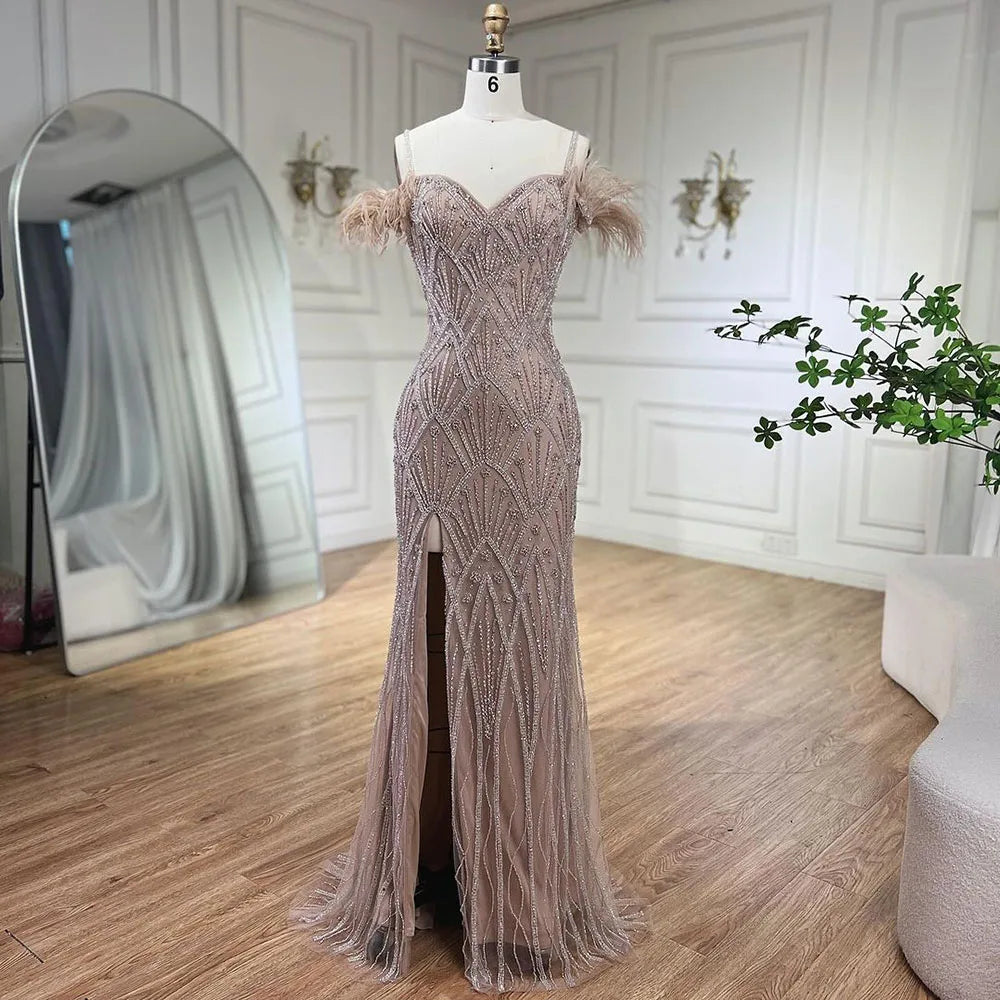 Serene Hill Nude Spaghetti Straps Elegant Mermaid Evening Dresses Gowns Luxury Beaded Feathers For Woman Party 2024 LA72028A Serene Hill Nude Spaghetti Straps Elegant Mermaid Evening Dresses Gowns Luxury Beaded Feathers For Woman Party 2024 LA72028A