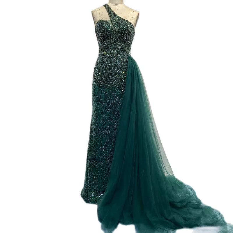 Serene Hill Green Mermaid Elegant With Overskirt Sexy One-Shoulder Evening Dresses Gowns Luxury Beaded 2024 Women Party LA71755