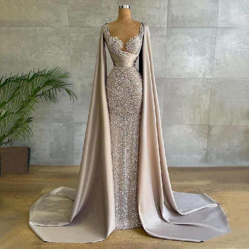 Serene Hill Champagne Mermaid Elegant Cape Sleeves Evening Dresses Gowns 2024 Luxury Beaded For Women Party LA71675