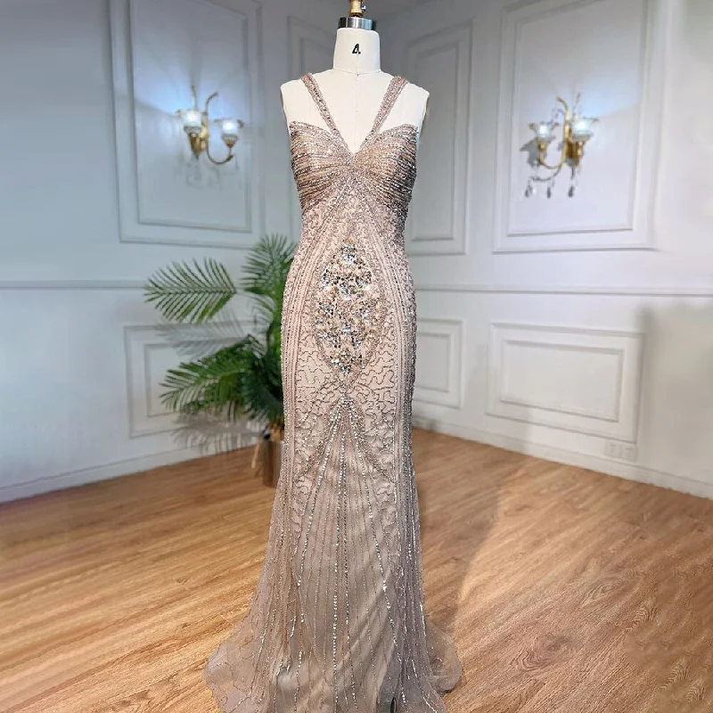 Serene Hill Caramel Mermaid Sexy Spaghetti Straps Beaded Luxury Evening Dresses Gowns For Woman Wedding Party 2024 LA71849
