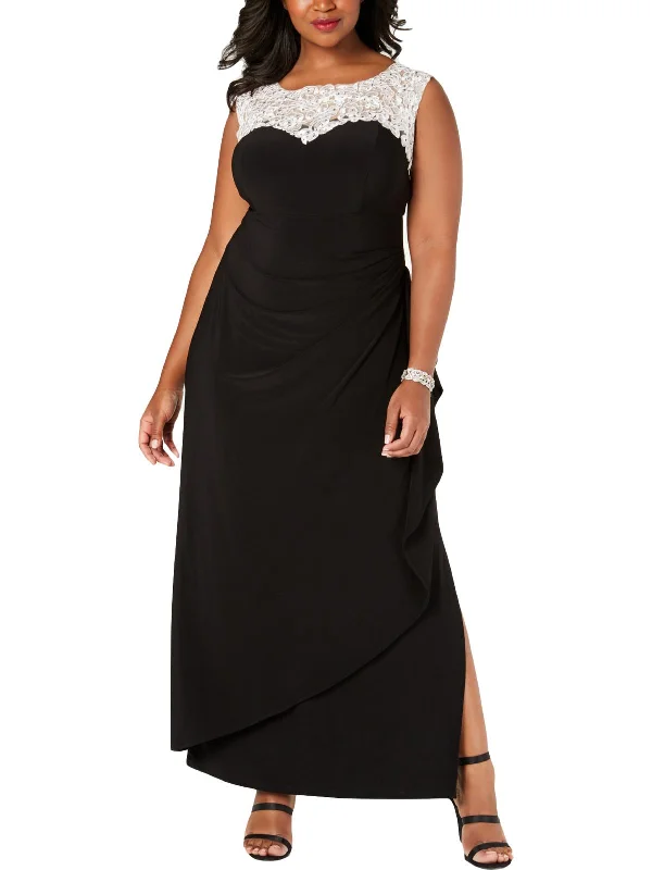 Plus Womens Embroidered Faux Wrap Evening Dress