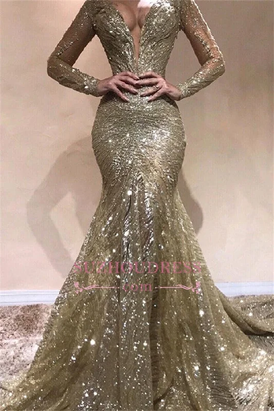 Sexy Long-sleeves Floor-Length Prom Dresses | Appliques V-neck Tulle Sequins Mermaid Dresses Sexy Long-sleeves Floor-Length Prom Dresses | Appliques V-neck Tulle Sequins Mermaid Dresses