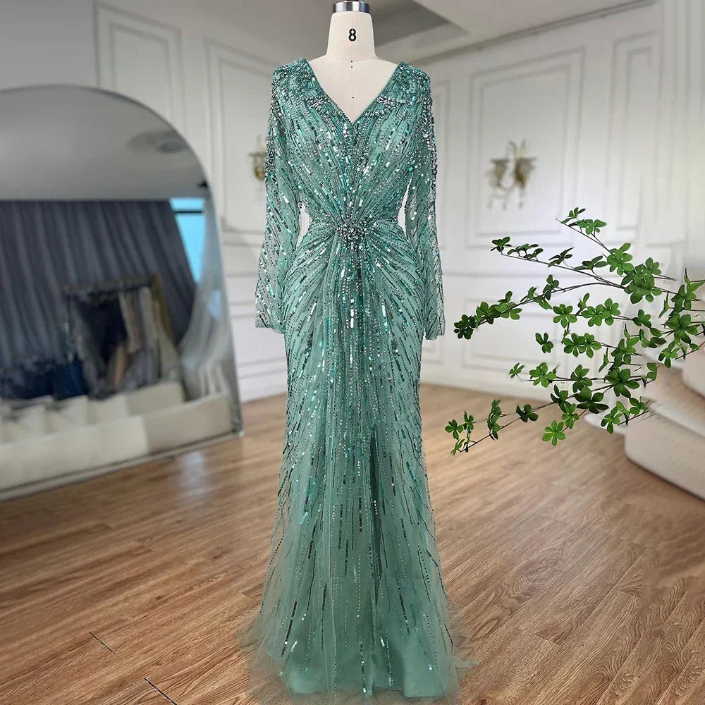 Serene Hill Arabic Turquoise Elegant Mermaid Beaded Open Split Evening Dresses Gowns 2024 For Women Wedding Party LA72007