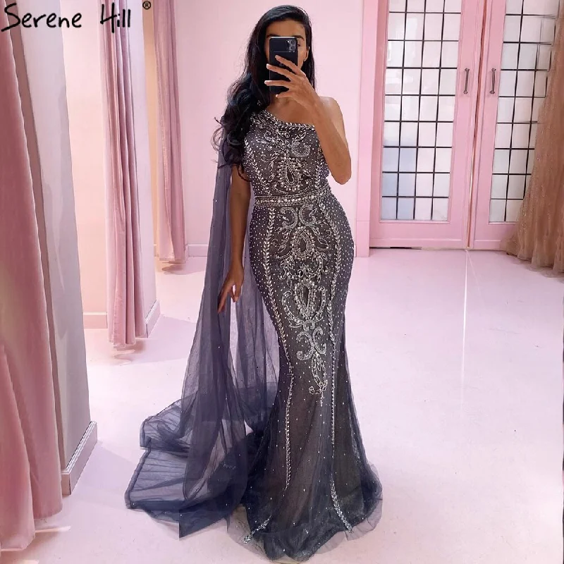 Serene Hill Grey Mermaid Luxury Evening Dresses Gowns 2024 Elegant One Shoulder Beaded For Women Party LA71270