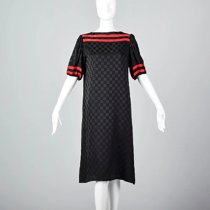 1980s Oleg Cassini Black Silk Dress with Red Trim
