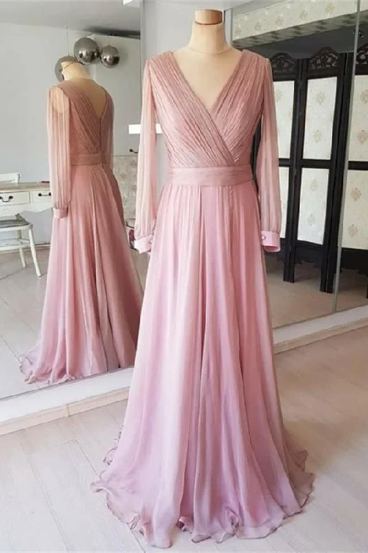 Pretty Pink Long Sleeves Open Back Prom Dress