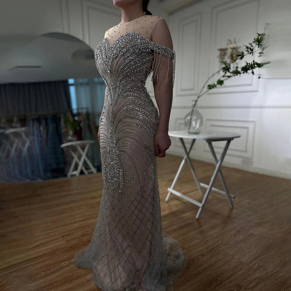 Serene Hill Arabic Silver Nude Mermaid Elegant Tassel Beaded Luxury Dubai Evening Dresses Gowns For Women Party 2024 LA71906 Serene Hill Arabic Silver Nude Mermaid Elegant Tassel Beaded Luxury Dubai Evening Dresses Gowns For Women Party 2024 LA71906