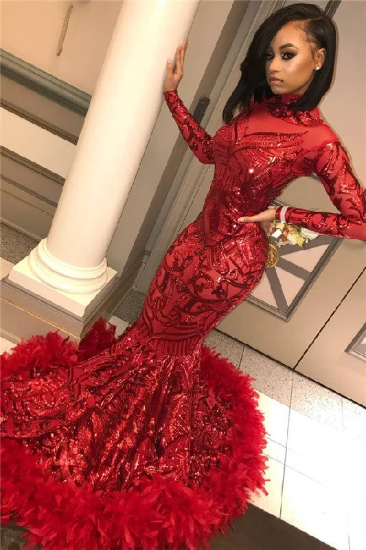 Long Sleeve Mermaid Red Prom Dresses | Sequins Appliques Feather Evening Dress BC1327 Long Sleeve Mermaid Red Prom Dresses | Sequins Appliques Feather Evening Dress BC1327