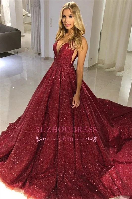 Burgundy A-Line Sequins Evening Gown |  Sexy V-Neck Sleeveless Prom Dresses