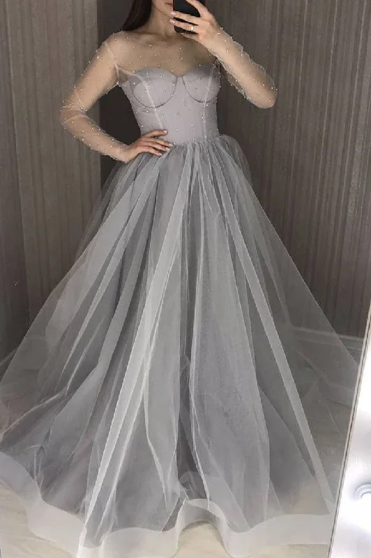 Grey A-Line Pearls Long Sleeves Evening Dress Tulle Long Prom Dress