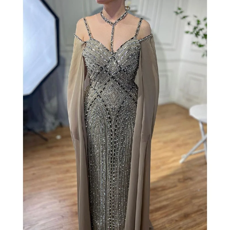 Serene Hill Caramel Mermaid Cape Sleeves Evening Dresses Luxury Beaded Arabic Party Gowns 2024 For Women LA72053A