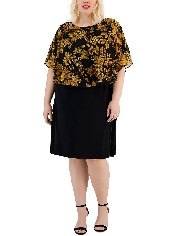 Plus Womens Chiffon Overlay Jersey Sheath Dress