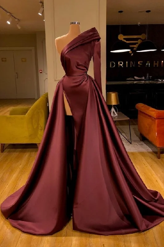 Cabernet Split Overskirt One Shoulder Long Sleeves Prom Dress PD0570