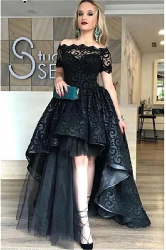 Modest Boat Neckline Short Sleeves Long Black Lace Tulle Prom Dress Women Dress