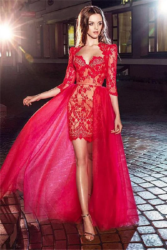 Charming Red A-line Half Sleeves Long Lace Tulle Prom Dress