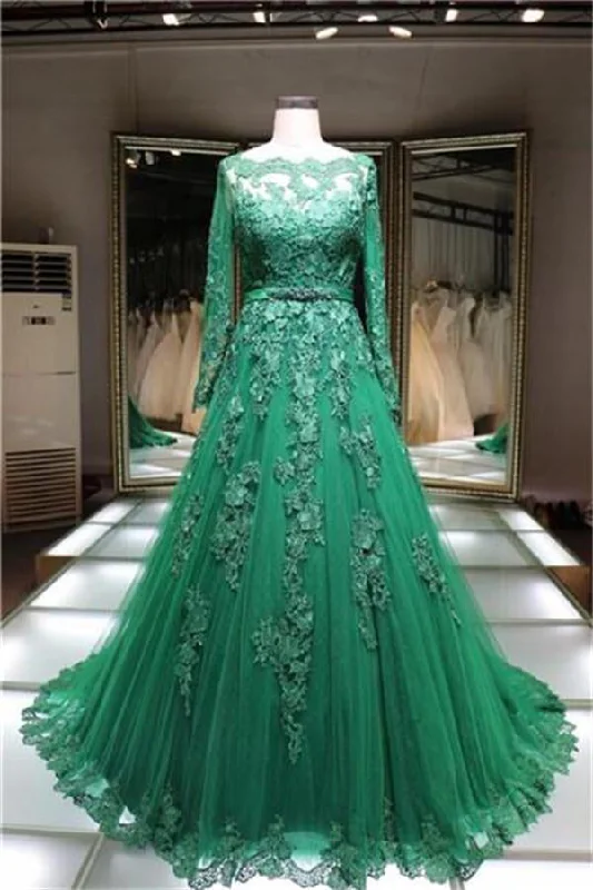 Formal A-line Long Sleeves Lace Up Long Green Lace Tulle Prom Dress