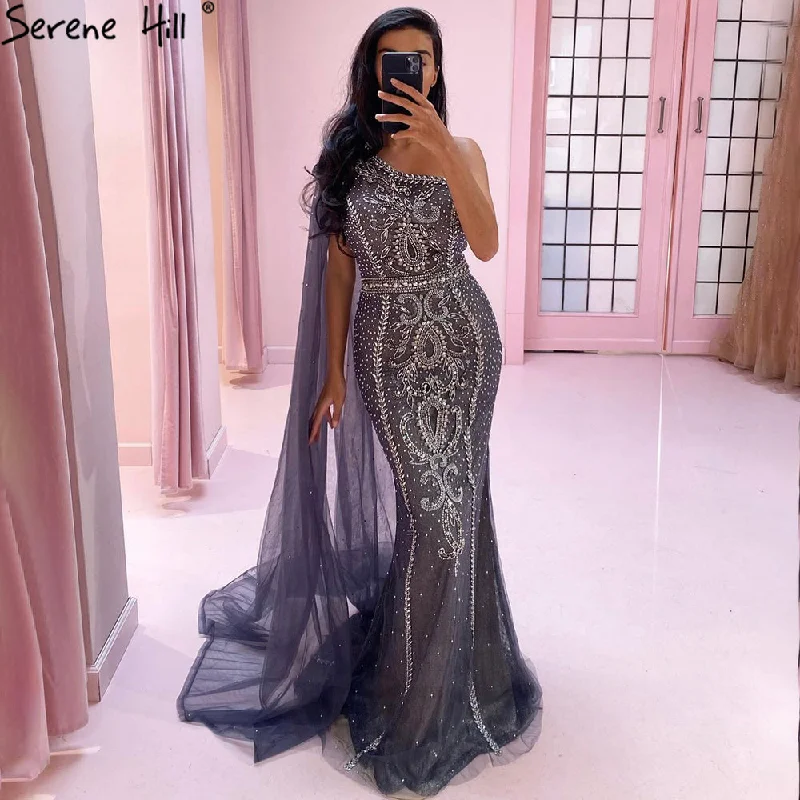 Serene Hill Grey Mermaid Elegant Cape Sleeves Evening Dresses Gowns One Shoulder Luxury Beaded 2024 For Women Party LA71270