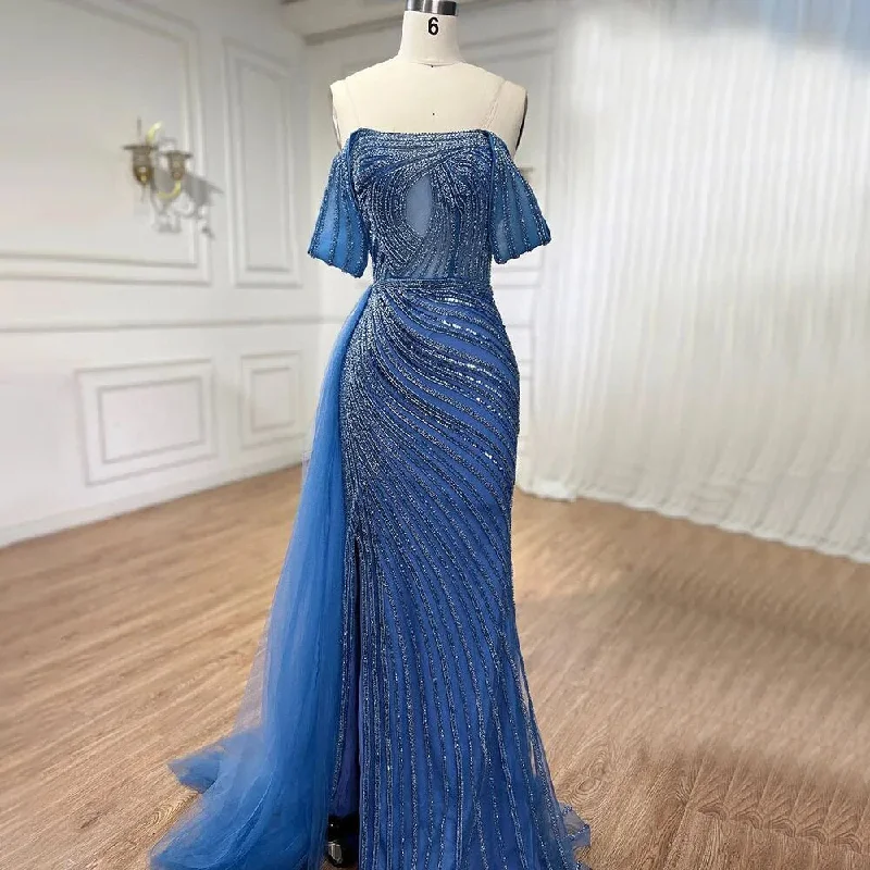 Serene Hill Arabic Blue Elegant Mermaid Sexy High Split Beaded Luxury Evening Dresses Gowns 2024 For Women Wedding Party LA71934 Serene Hill Arabic Blue Elegant Mermaid Sexy High Split Beaded Luxury Evening Dresses Gowns 2024 For Women Wedding Party LA71934