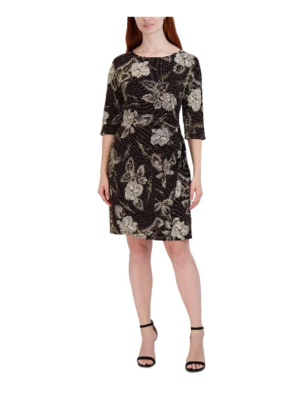 Petites Womens Metallic Floral Sheath Dress