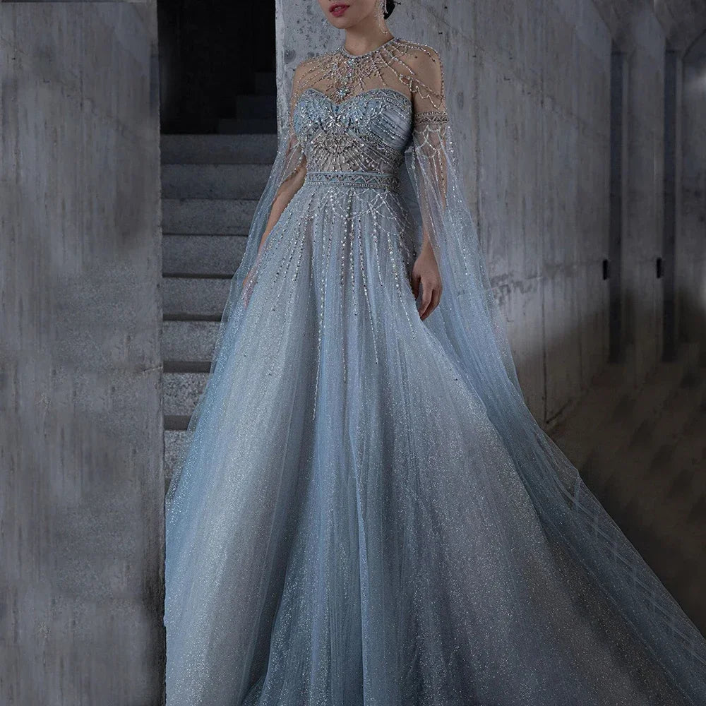 Serene Hill Blue A-Line Arabic Cape Sleeves O-Neck Bow Beaded Luxury Evening Dresses Gowns 2024 For Women Party LA71831