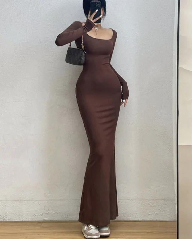 Wjczt - Sexy Square Collar Long Sleeve Fishtail Dress Tight Figure Wrap Hip Super Long Dresses Fashion Korean Tops E83H Wjczt - Sexy Square Collar Long Sleeve Fishtail Dress Tight Figure Wrap Hip Super Long Dresses Fashion Korean Tops E83H