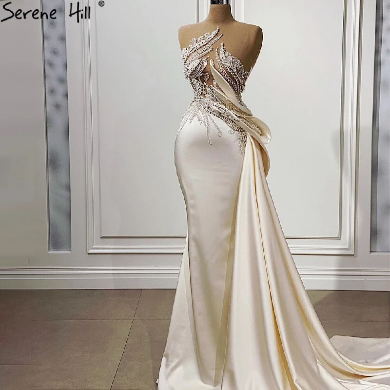 Serene Hill Beige Mermaid Overskirt Evening Dresses Gowns 2024 Satin Beaded Elegant For Women Party LA71199