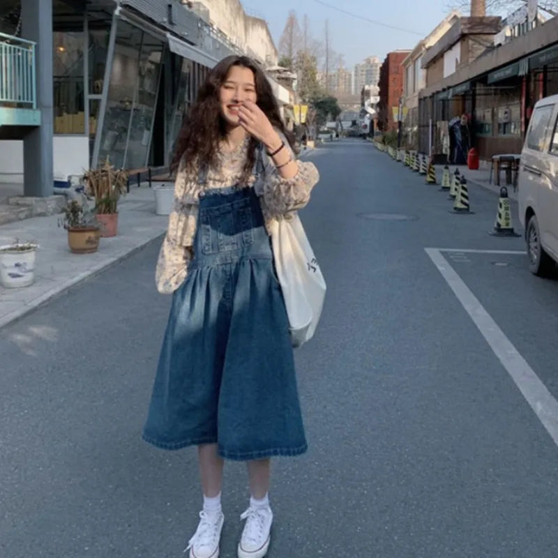 Wjczt 2024 Spring New Loose Denim Straps Dresses Women Solid Color Sleeveless Knee-length High Waist Office Lady Halter Dress Female