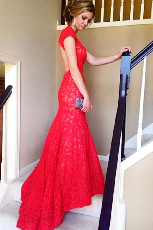 Mermaid Sparkly Red Long Open Back Lace Short Sleeves Prom Dress