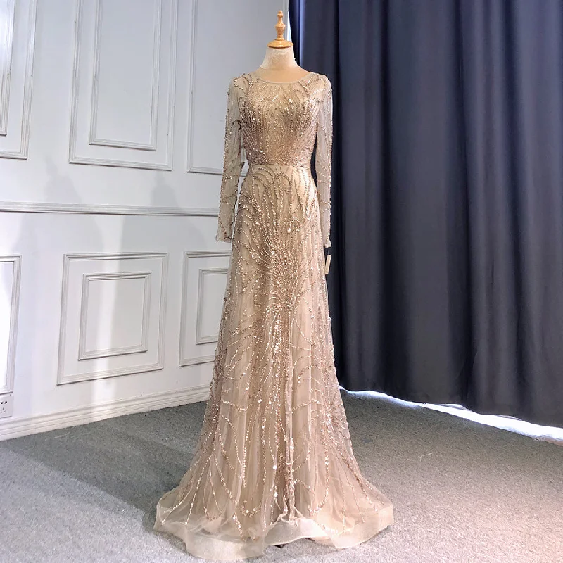 Serene Hill Caramel A-Line Luxury Evening Dresses Gowns 2024 O-Neck Long Sleeve Beaded For Women Party LA71667