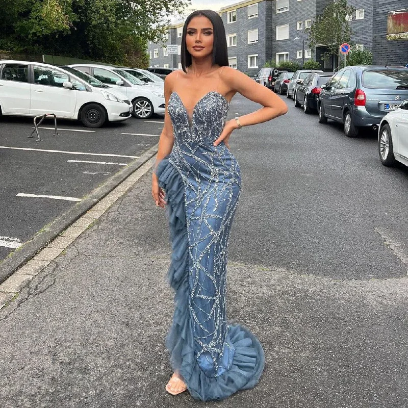 Serene Hill Sexy Blue Strapless Elegant Arabic Evening Dresses Gowns Mermaid Luxury  Beaded 2024 For Women Party LA71760