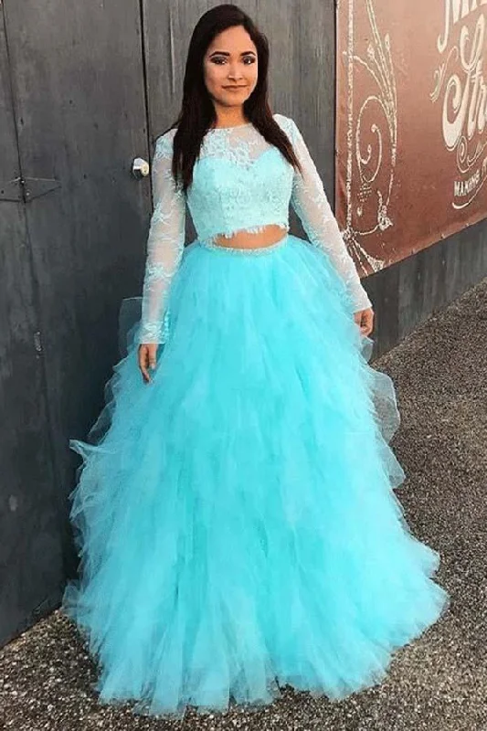Long Sleeves Two Pieces Lace Prom Dress For Teens Quinceanera Dress