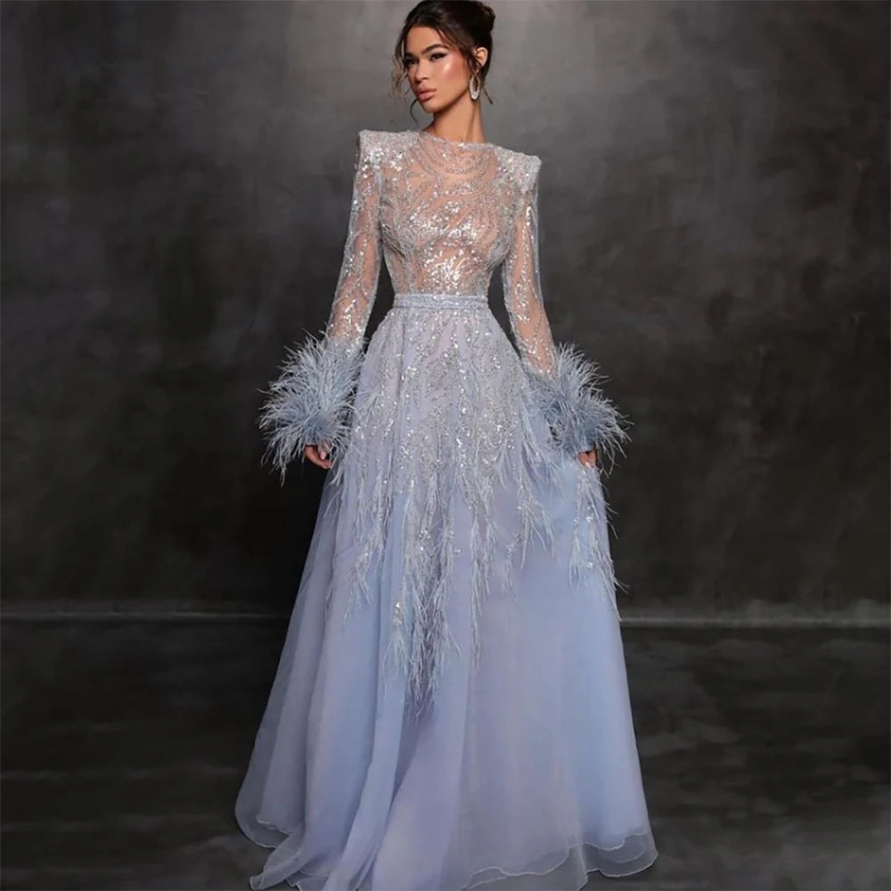 Serene Hill Arabic Blue A Line Beaded Feathers Luxury Dubai Long Evening Dresses Gowns For Women Wedding Party 2024 LA71993 Serene Hill Arabic Blue A Line Beaded Feathers Luxury Dubai Long Evening Dresses Gowns For Women Wedding Party 2024 LA71993