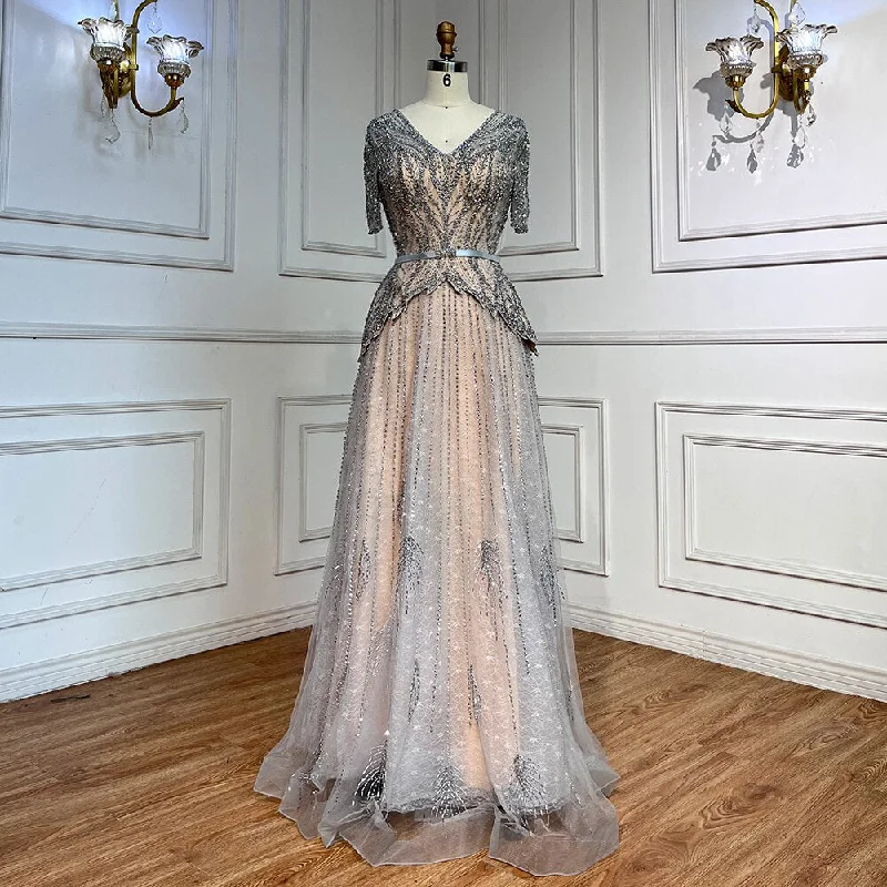 Serene Hill Silver Nude V-neck Short Sleeves A-line Evening Dresses 2024 Mother of the Bride Luxury Beaded Party Gowns LA72058 Serene Hill Silver Nude V-neck Short Sleeves A-line Evening Dresses 2024 Mother of the Bride Luxury Beaded Party Gowns LA72058