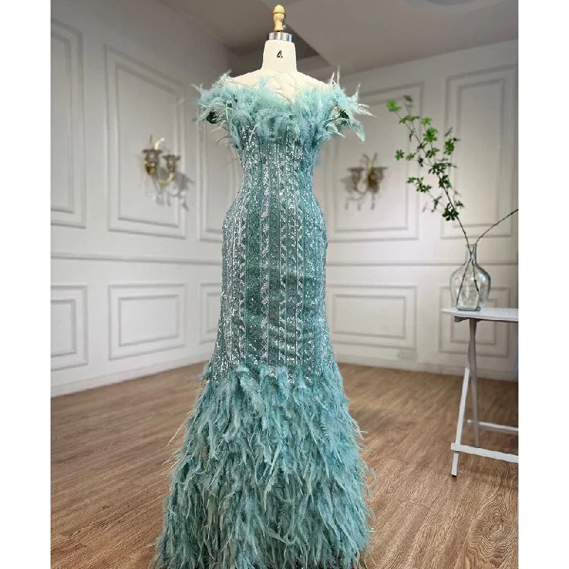 Serene Hill Dubai Mint Luxury Crystal Feathers  Sexy Mermaid Evening Dresses Formal Gowns  For Woman Wedding Party 2024 LA72095
