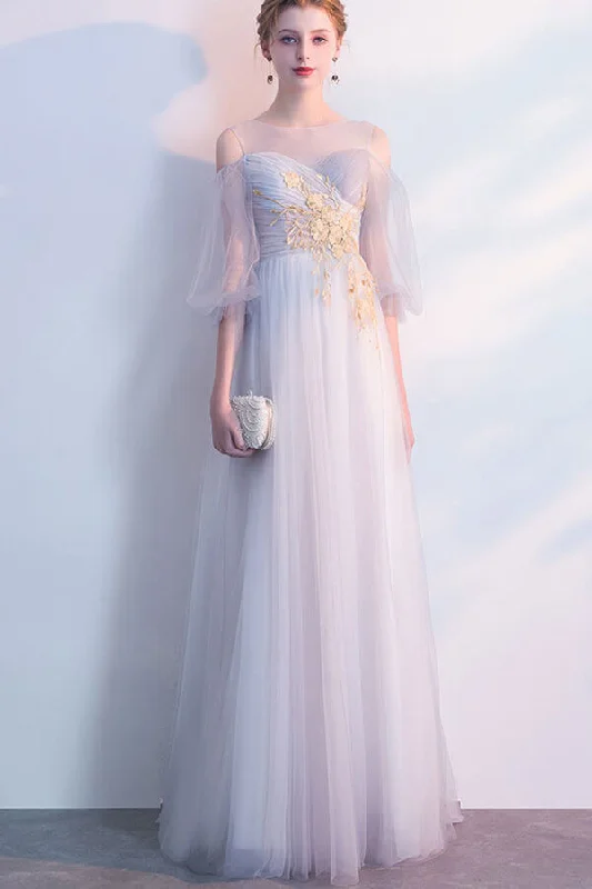 Elegant A-line Long Scoop Neckline Tulle Prom Dress With Sleeves