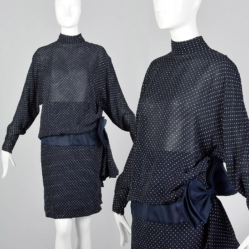 1980s Valentino Night Navy Silk Dress with Swiss Dot Print