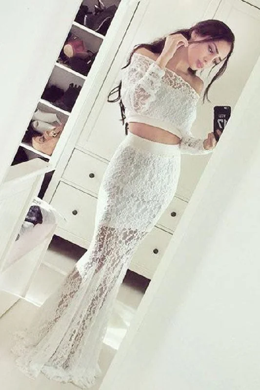 Elegant Lace White Two Pieces Mermaid Long Sleeves Prom Dress For Girls