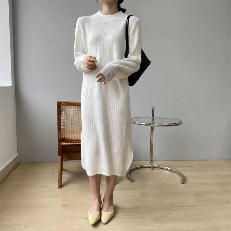 Wjczt Autumn and winter women's casual solid color round neck long sleeve loose knit dress