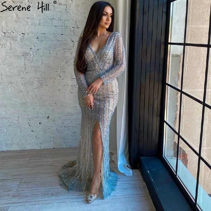 Serene Hill Silver Blue Mermaid Split Evening Dresses Gowns 2024 Beaded Elegant Luxury For Women Party LA71392