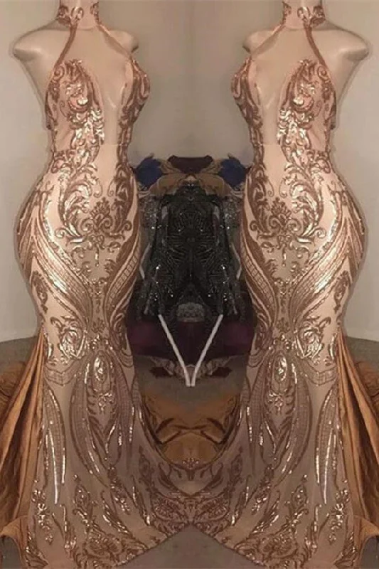 Sexy High-Neck Sequins Mermaid Prom Dress Long Evening Gowns Online