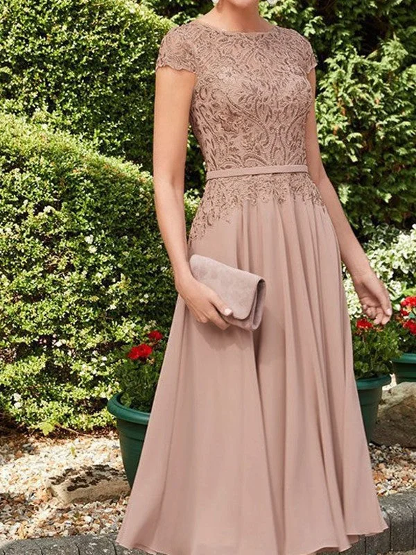 A-line/princess chiffon applique low round neck short sleeved tea long mother of the bride dress A-line/princess chiffon applique low round neck short sleeved tea long mother of the bride dress