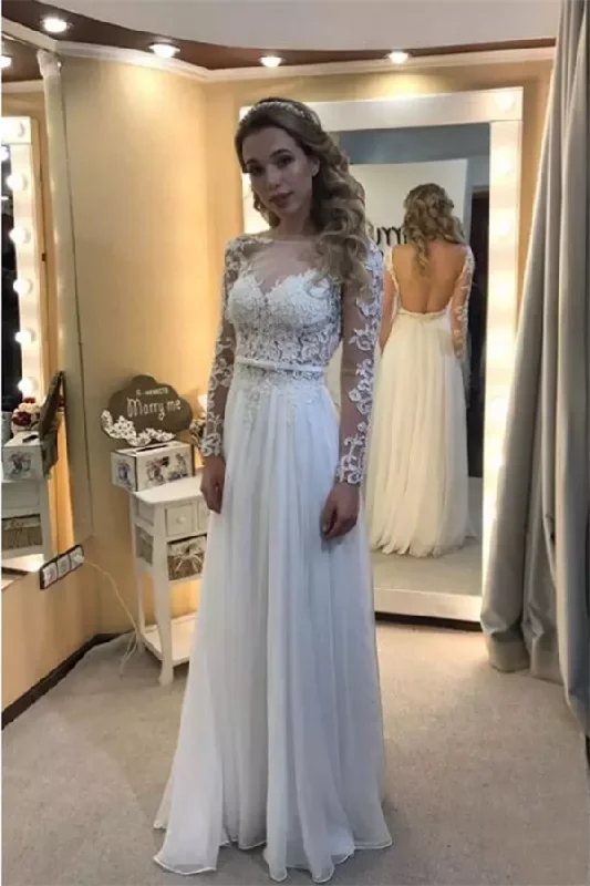 Ivory Long Sleeves Open Back Long Tulle Lace Prom Dress
