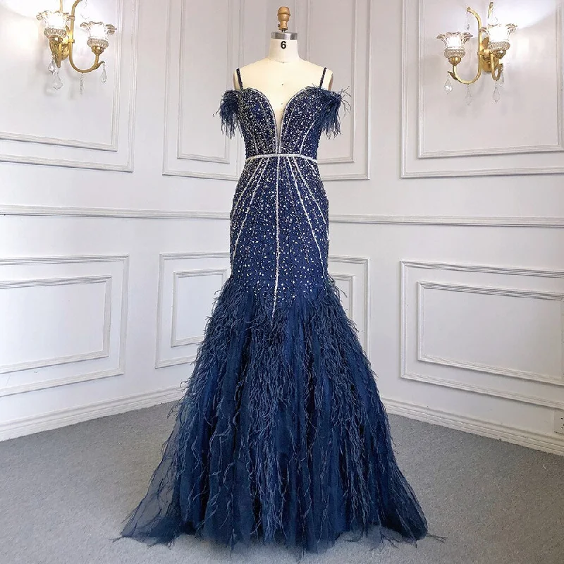 Serene Hill Navy Blue Mermaid Elegant Sexy Spaghetti Straps Evening Dresses Gowns Luxury Feathers Beaded 2023 Party LA71656