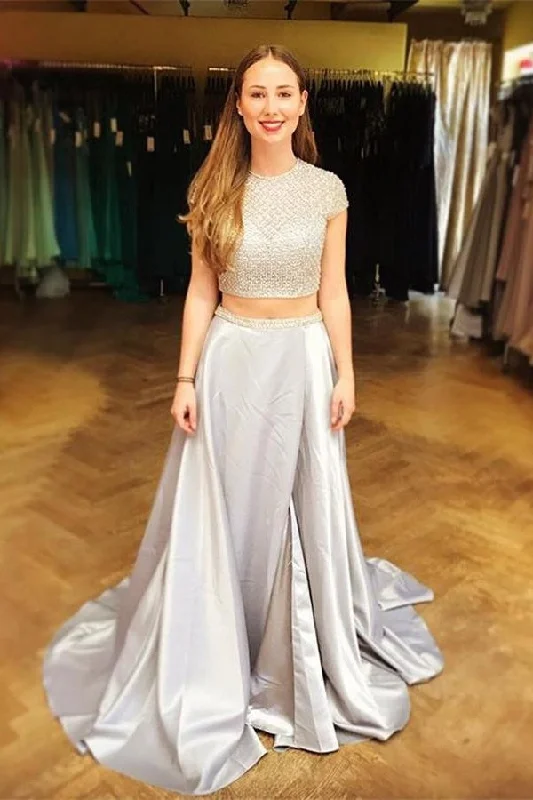 Silver Two Pieces Cap Sleeves Long Beading Prom Dress For Teens